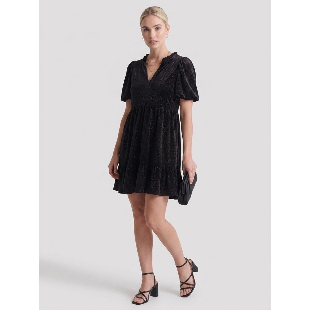 GeeGee Black Glitter Velvet Babydoll Dress Puff Sleeve Mini WD60937 Small